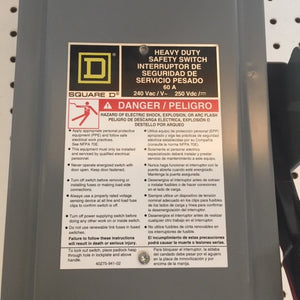 Square D Heavy Duty Safety Switch H222N 240V 60A 2P NEMA 1 Fusible